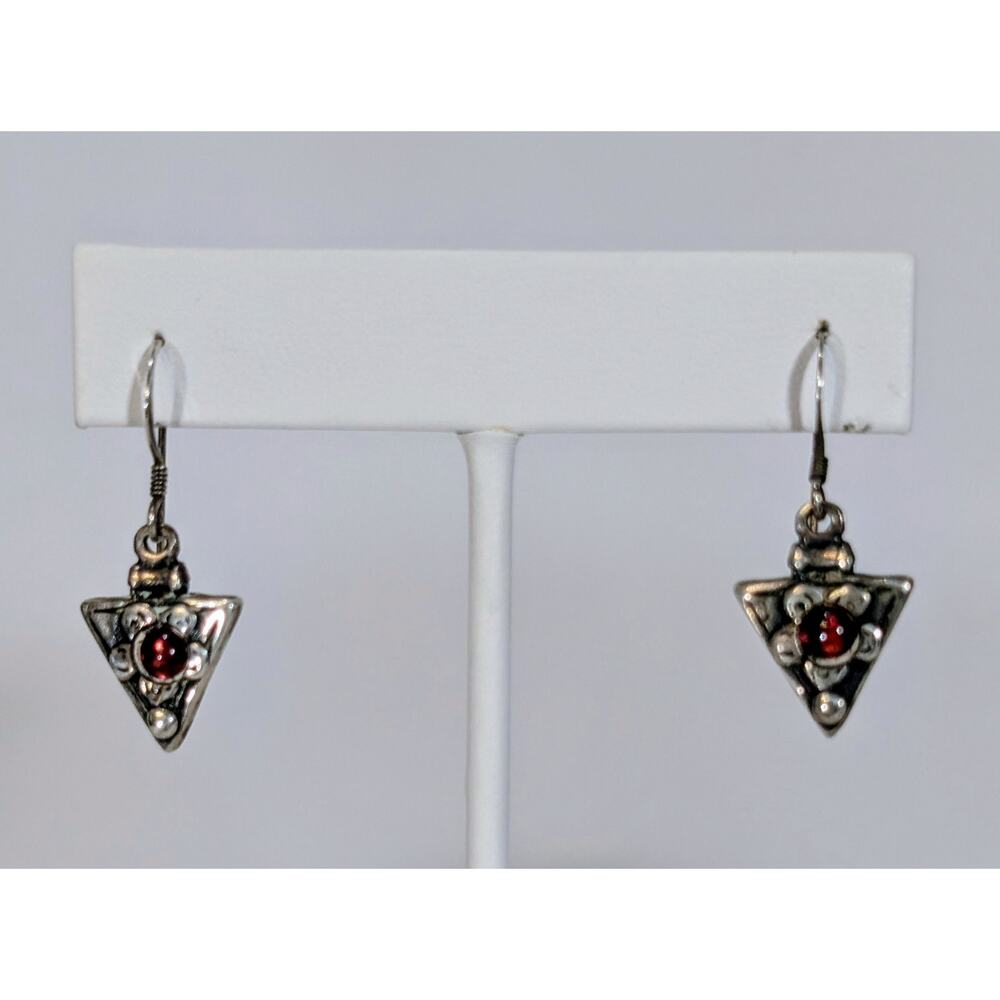 Vintage Sterling Silver 925 Triangle Dangle Earrings Red Glass Cabochon